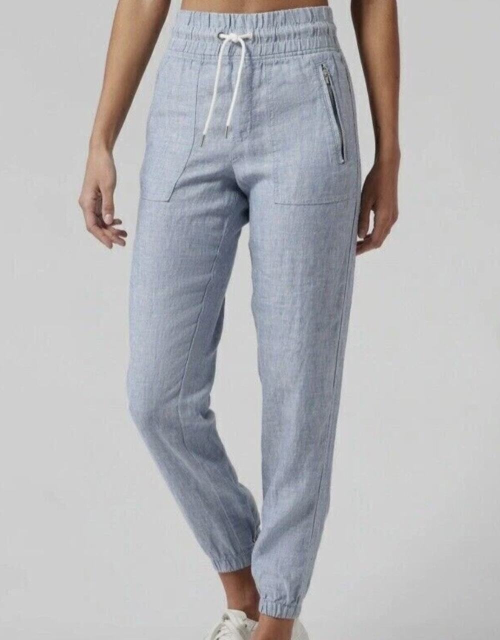 Athleta Cabo Linen Jogger Pants Womens 6 Blue Drawstring Coastal Beach Travel